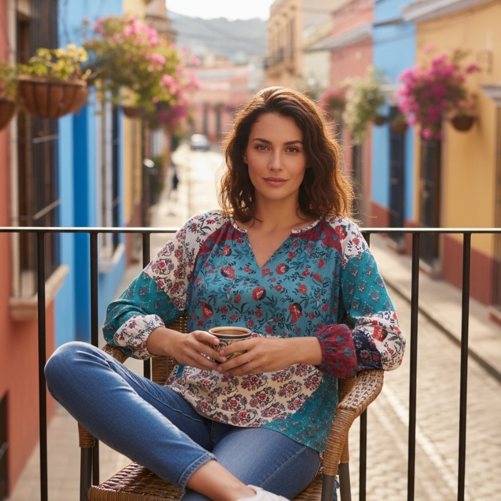 Boho patchwork split neck long sleeve blouse xl - image 1